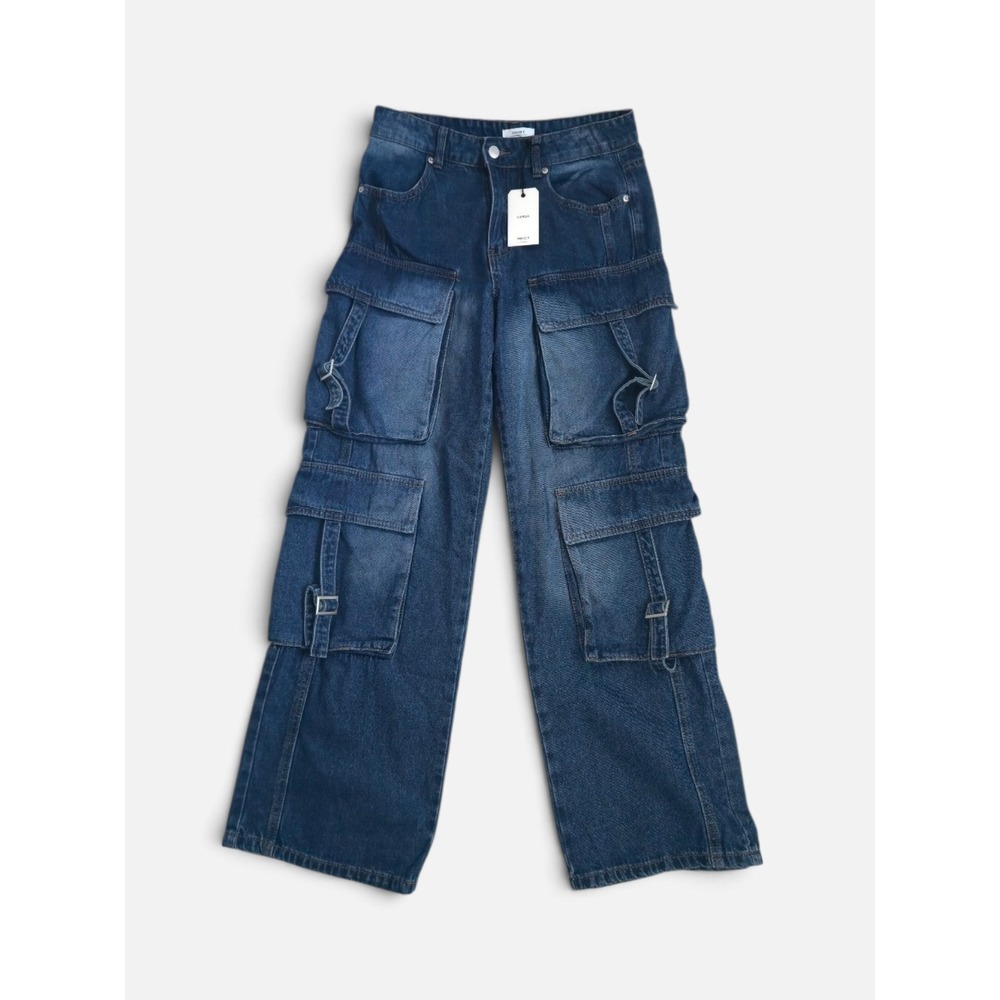 Forever 21 NWT Dark Wash Cargo Jeans Relaxed Straight Leg Streetwear Utility